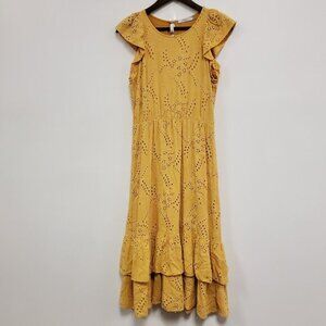 Ateen Womens Prairie‎ Cottagecore Midi Eyelet Dress Size S Yellow Tiered Boho